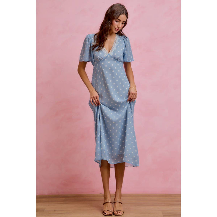 Polka Dot Chiffon Midi Dress in Blue - Available June 26