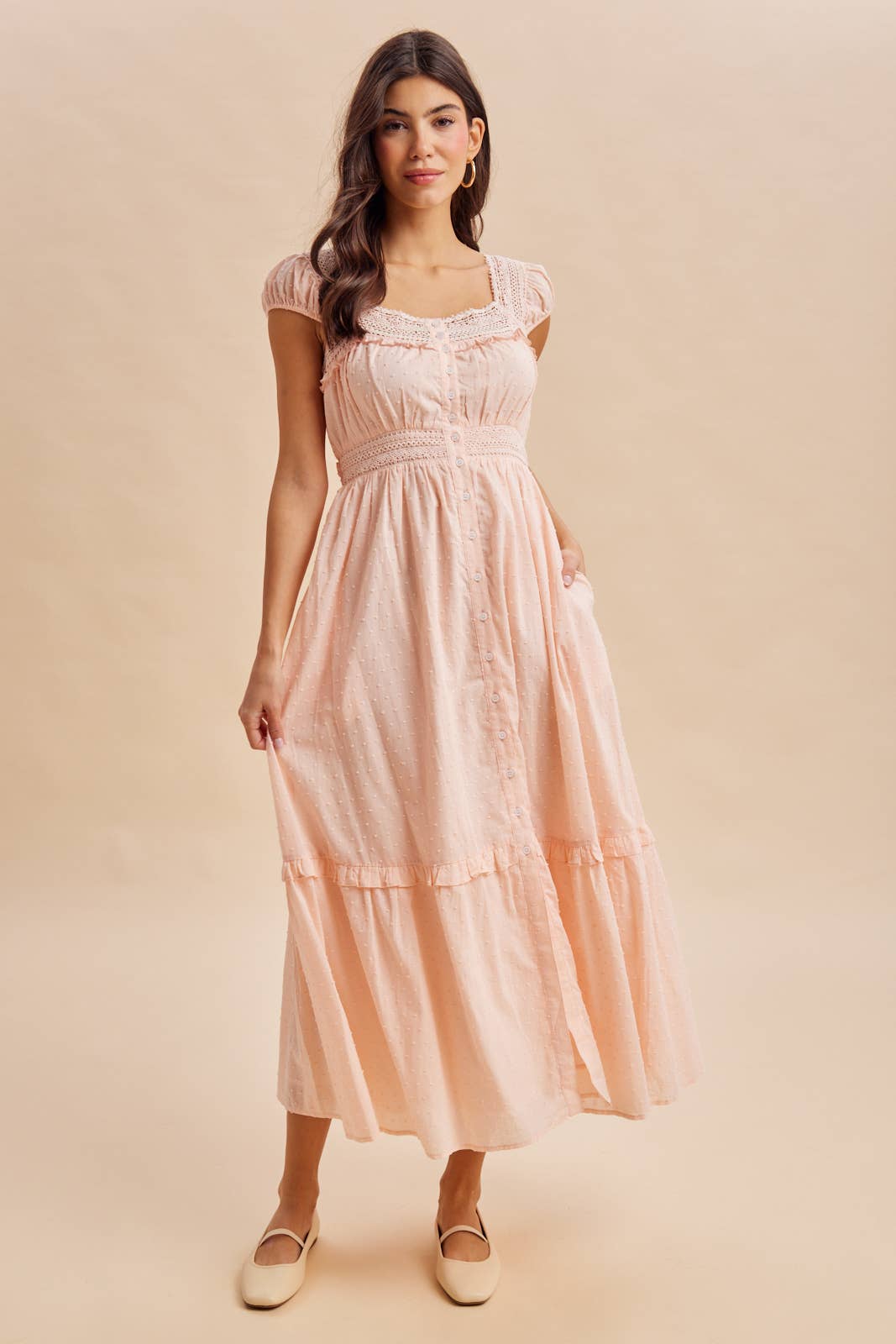 Cotton Swiss Dot Button Down Maxi Dress in Pink