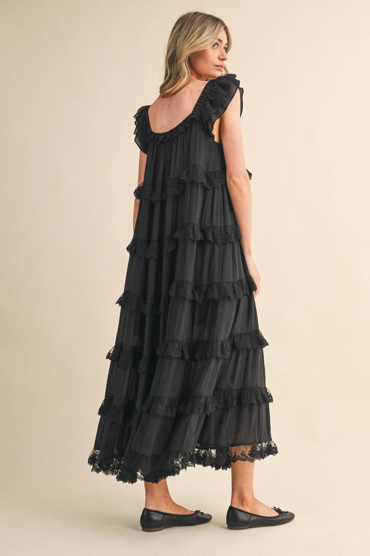 Tiered Lace Trim Flowy Maxi Dress in Black