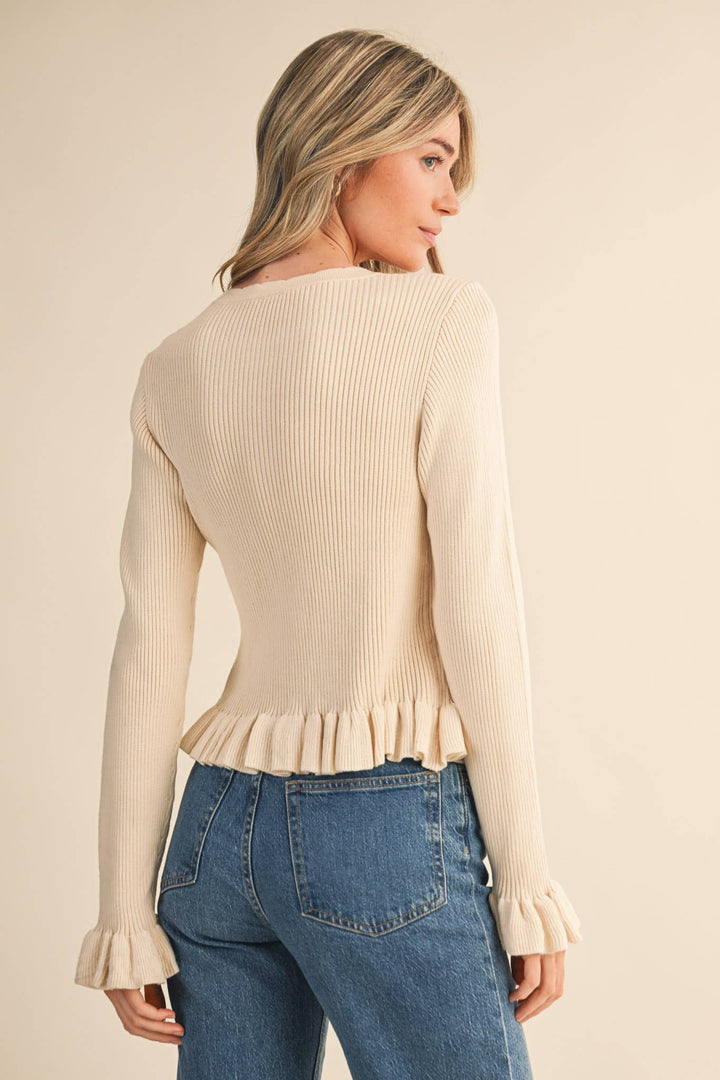 Ruffled hem ribbed knit cardigan – back view