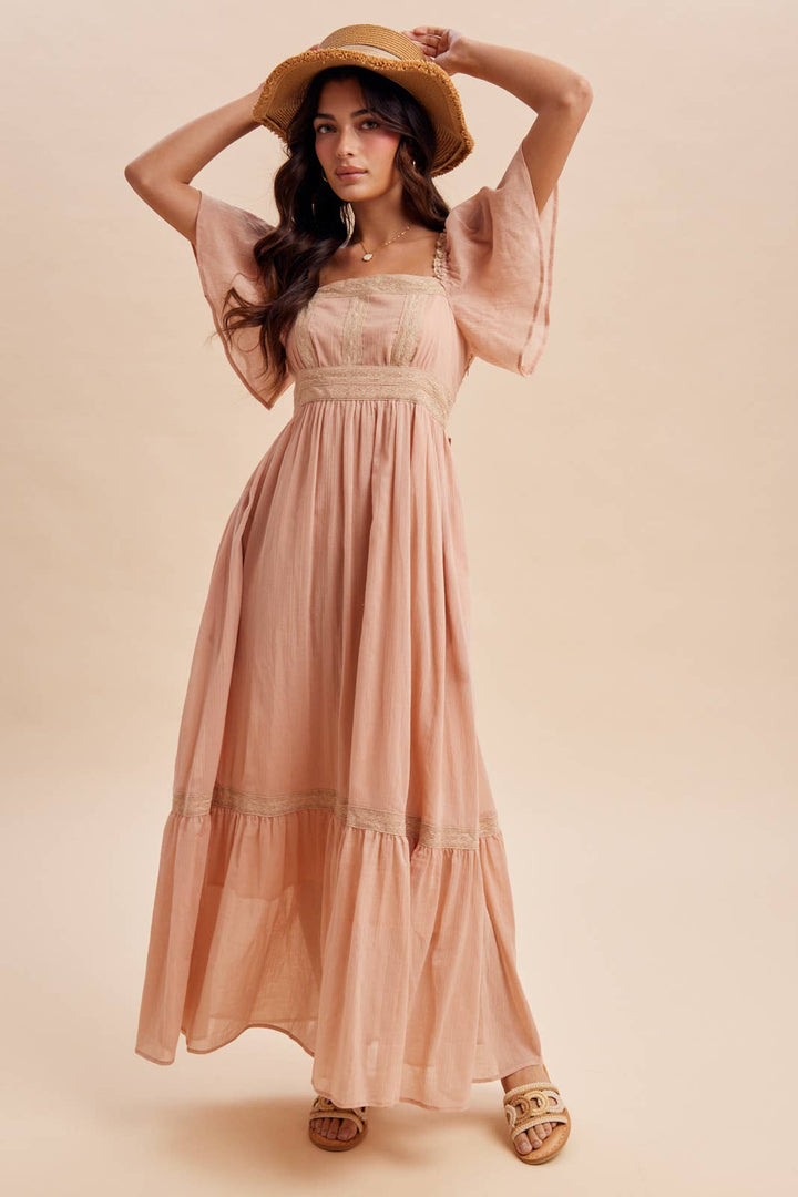 Dusty pink flutter sleeve maxi dress – front view