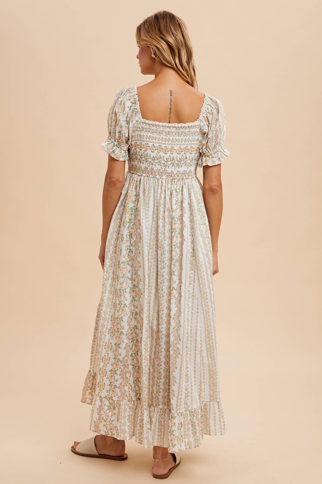 Coral peach spring maxi dress – back view