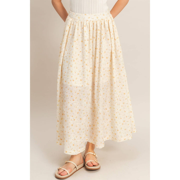 Floral Embroidered Midi Skirt in Yellow