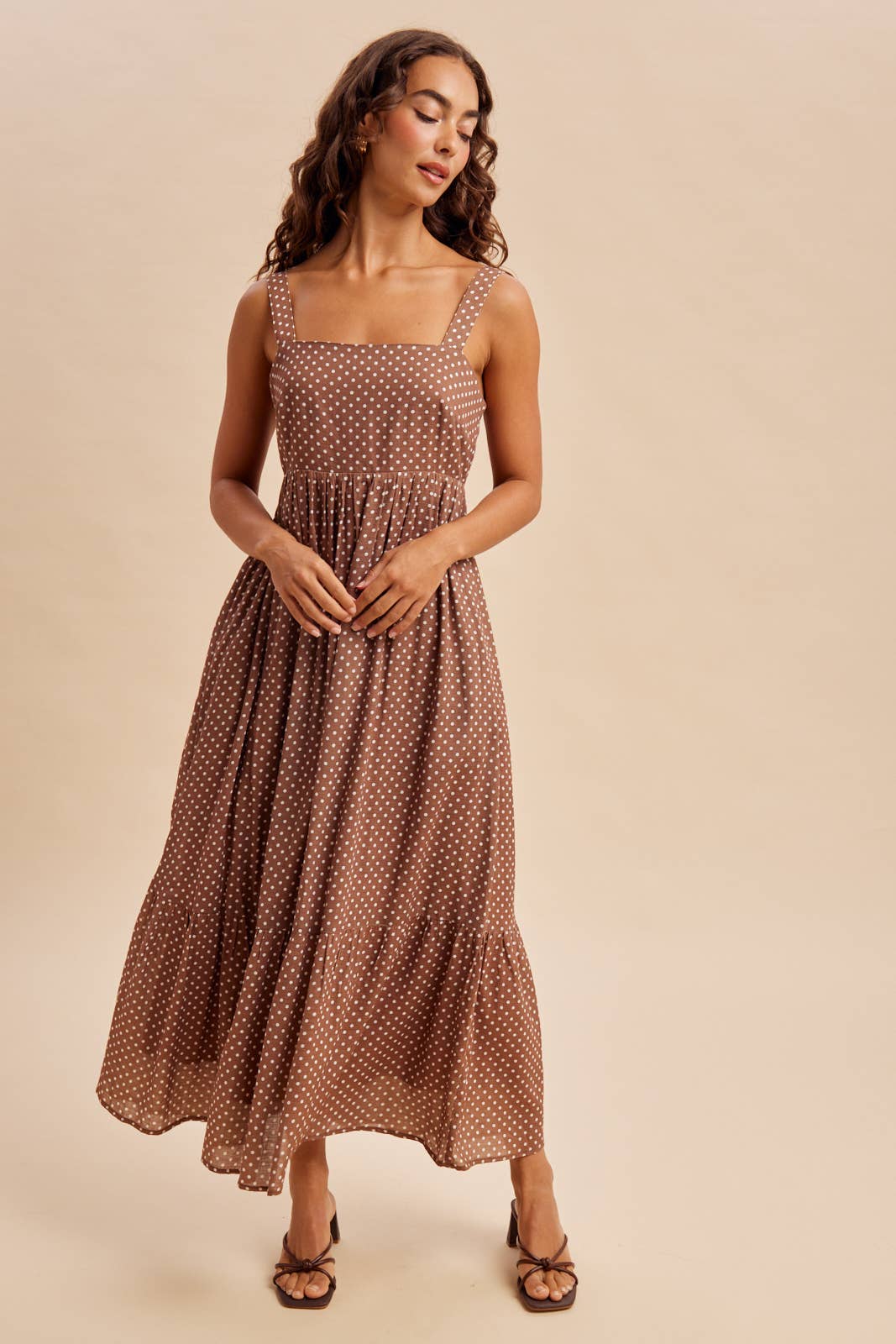 Polka Dot Bow Maxi Dress in Latte
