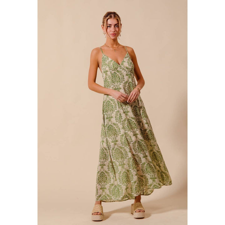 Damask Floral Summer Maxi Dress in Sage Green