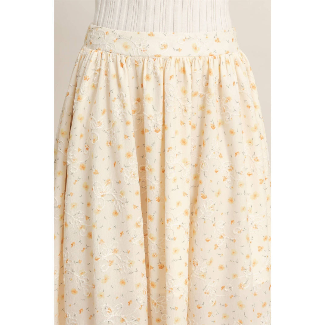 Floral Embroidered Midi Skirt in Yellow