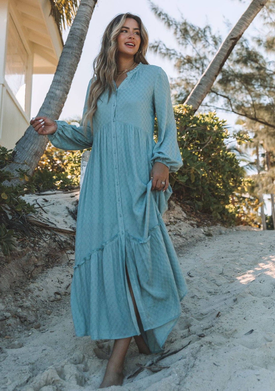 Dusty teal boho long sleeve maxi dress – front view