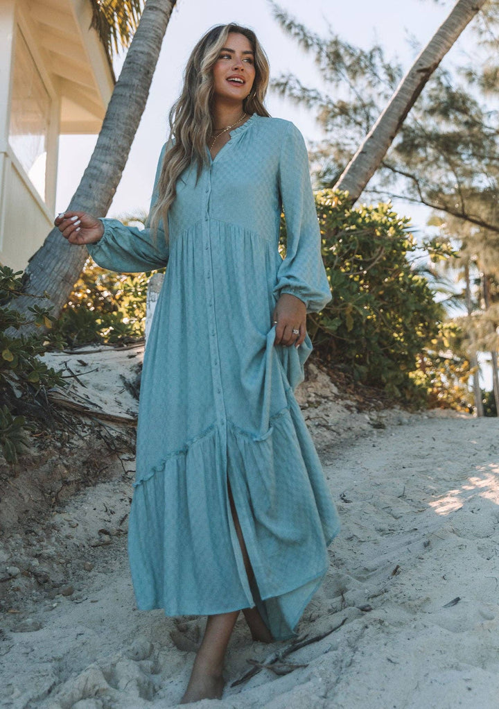 Dusty teal boho long sleeve maxi dress – front view