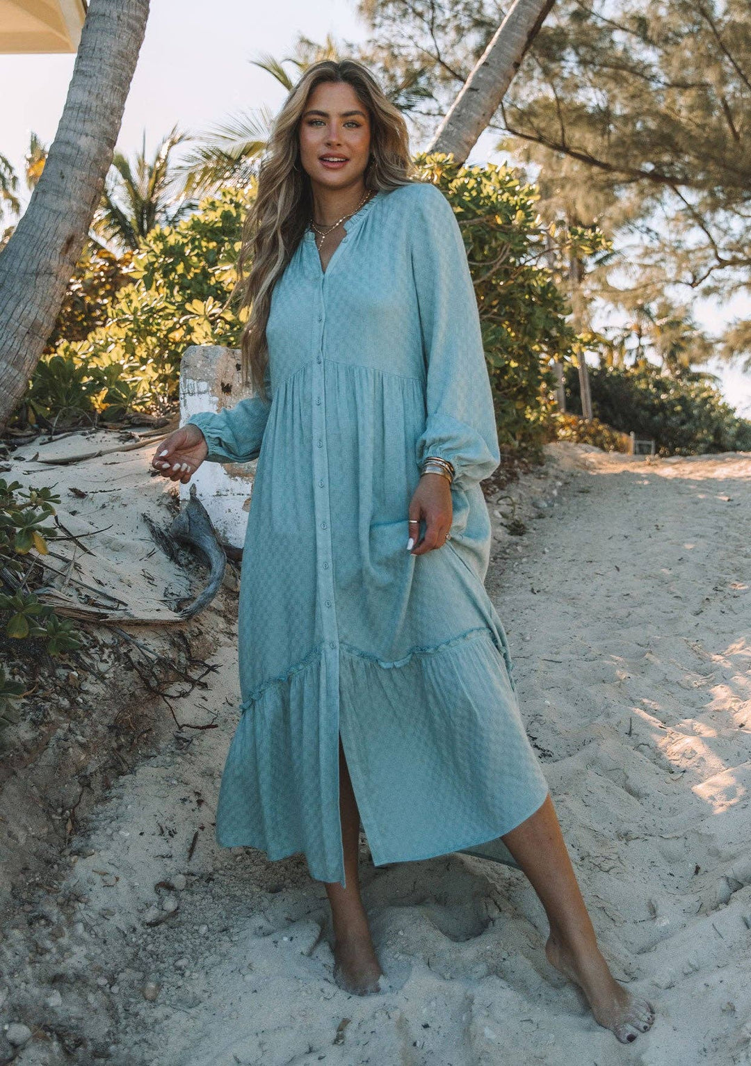 Dusty teal boho long sleeve maxi dress – front view