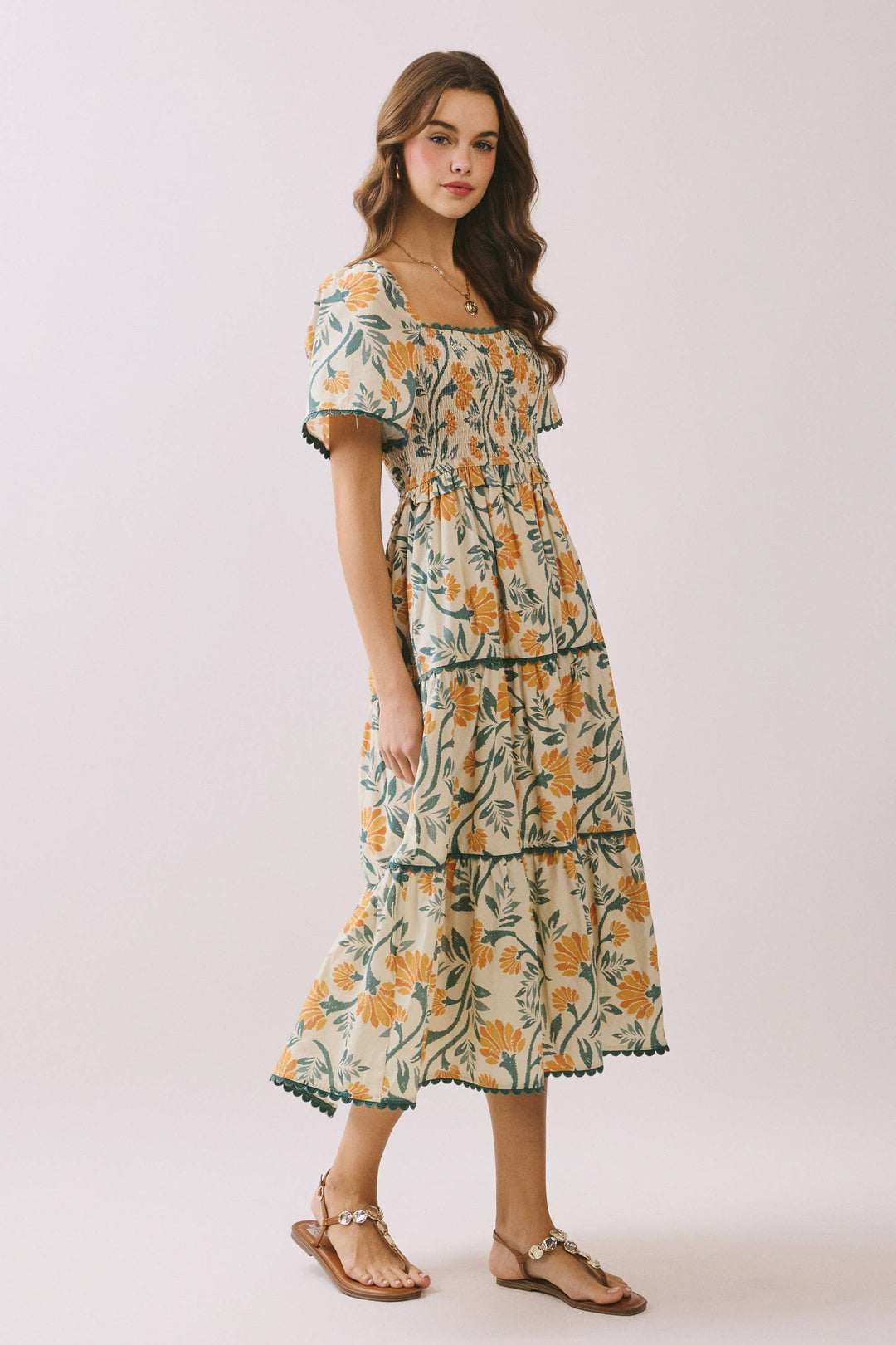 Floral smocked dress scallop hem – side view image