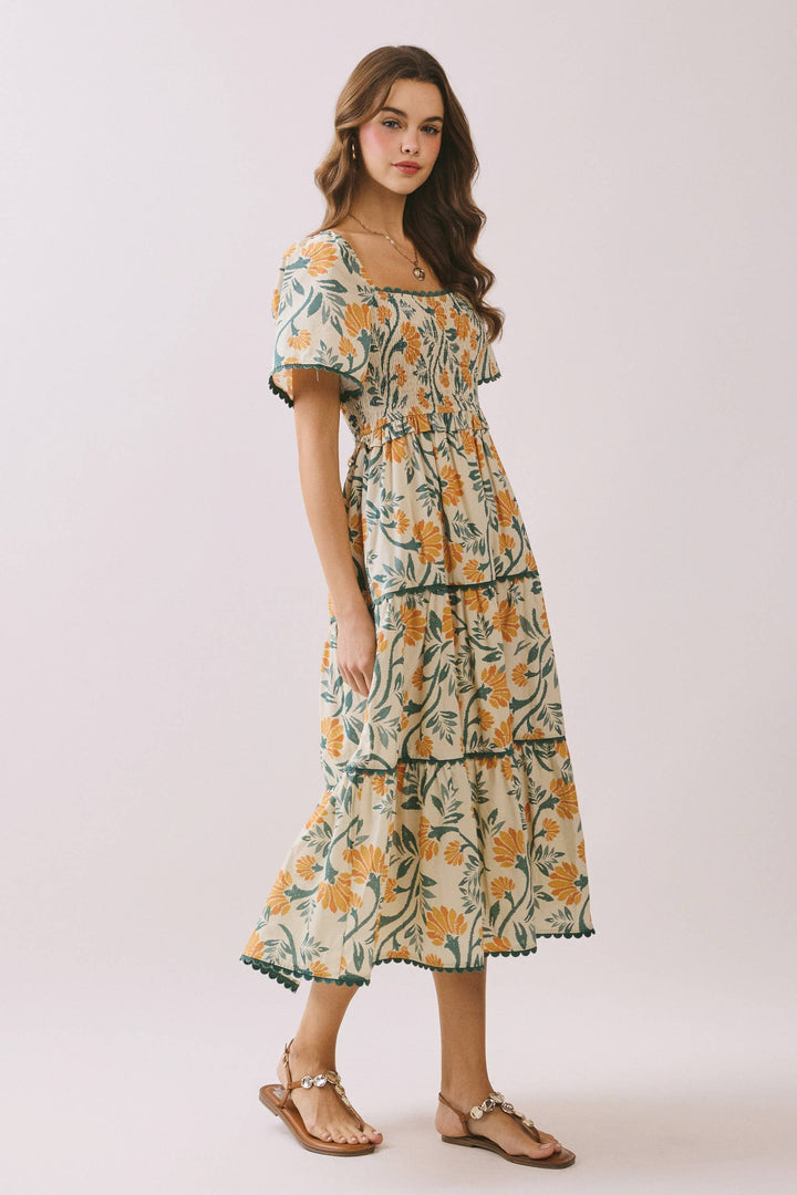 Floral smocked dress scallop hem – side view image