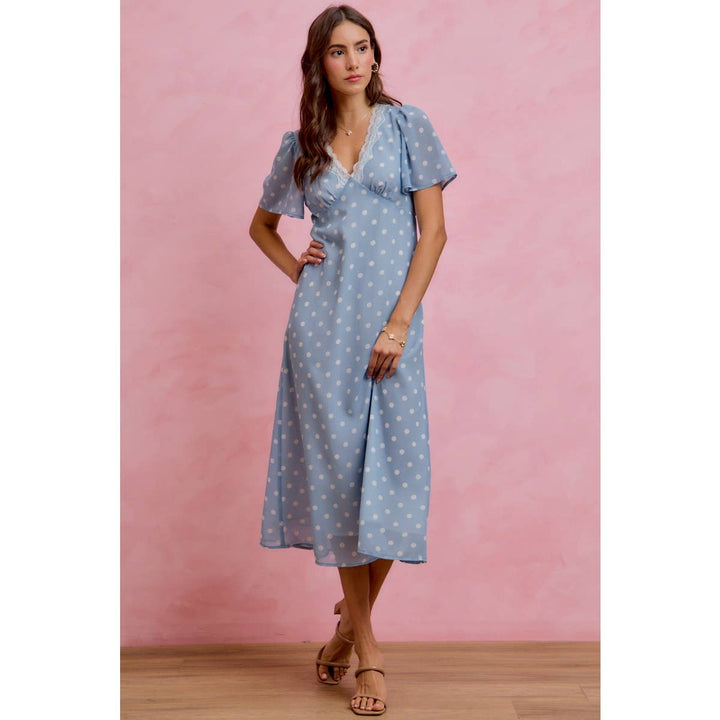 Polka Dot Chiffon Midi Dress in Blue - Available June 26