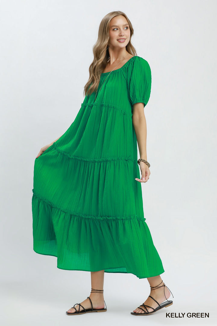 Textured Tiered Midi Dress in Kelly Green