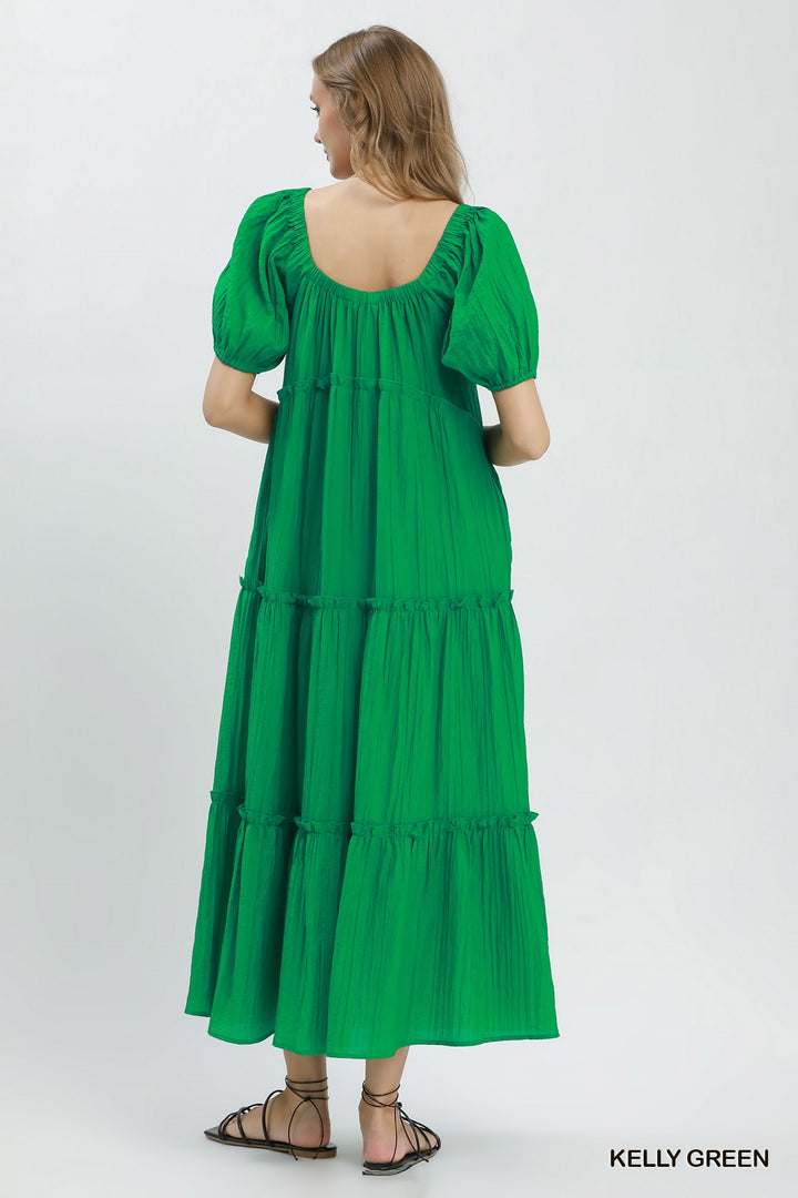 Textured Tiered Midi Dress in Kelly Green